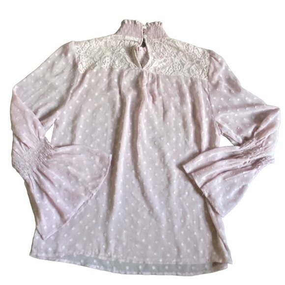 Promesa High Neck Textured Blouse With Bell Sleeve-Dusty Pink-Size Small-GUC - Picture 7 of 9